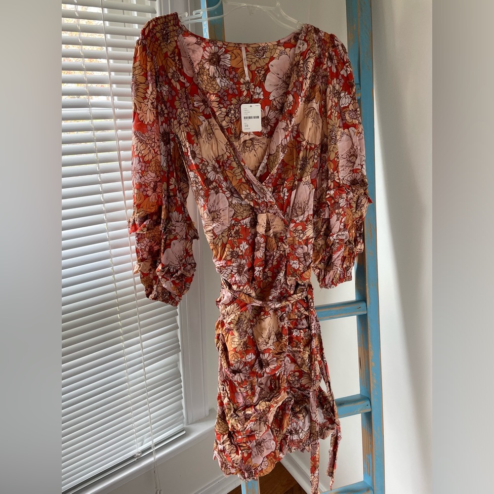 Free People Floral Wrap Mini Dress in Rust and Pink